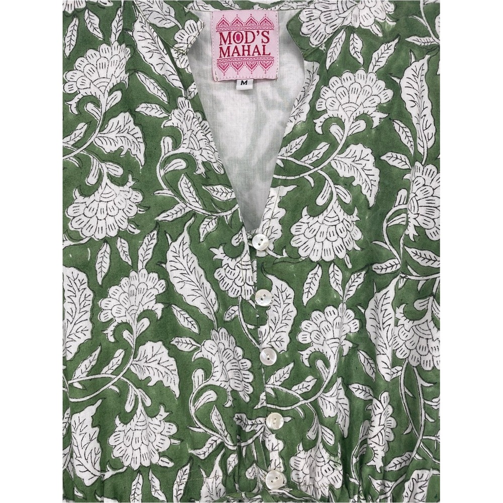Mod's Mahal Green White Block Print Floral Maxi Dress Size M 100% Cotton Pockets - Picture 5 of 9